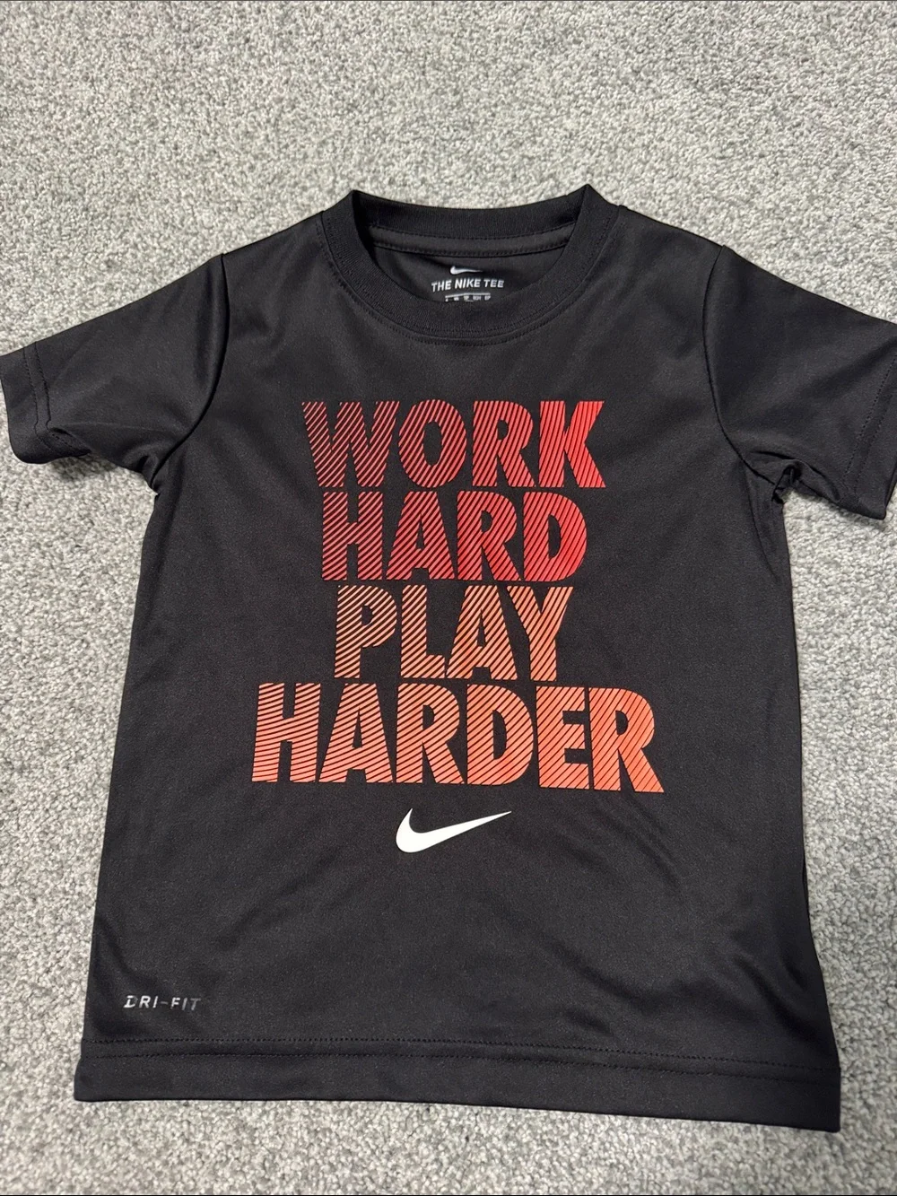 Nike Black Kids' 'Work Hard Play Harder' Graphic Tee with Red-Orange Print